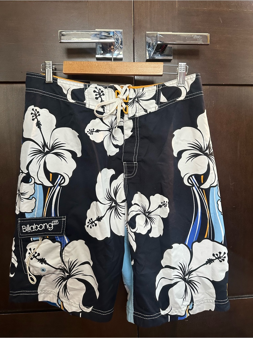 Billabong Swim Board Shorts with White Hibiscus and Blue Stripes
